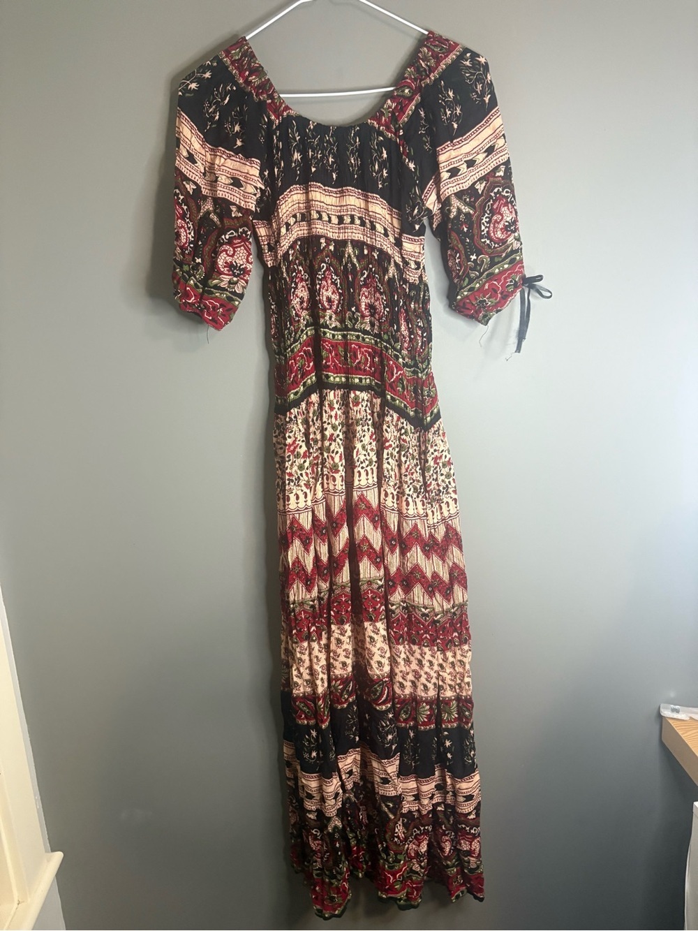 Boho Paisley Maxi Dress Burgundy Black Cream | Smocked Waist | Size XS/S - Picture 7 of 8